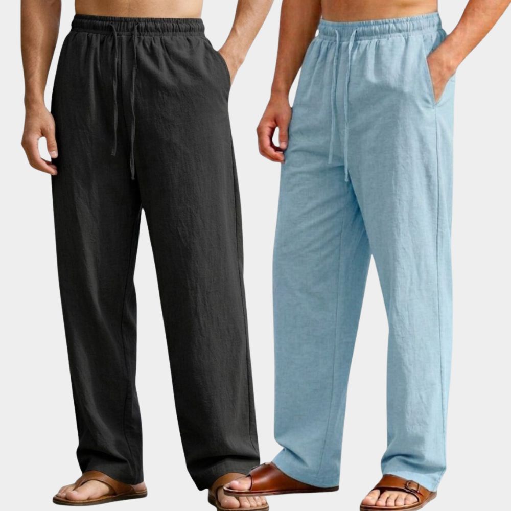 Combo of 2 Premium Linen Relaxed Fit Loose Fit Men Pant Black and Light Blue-51585