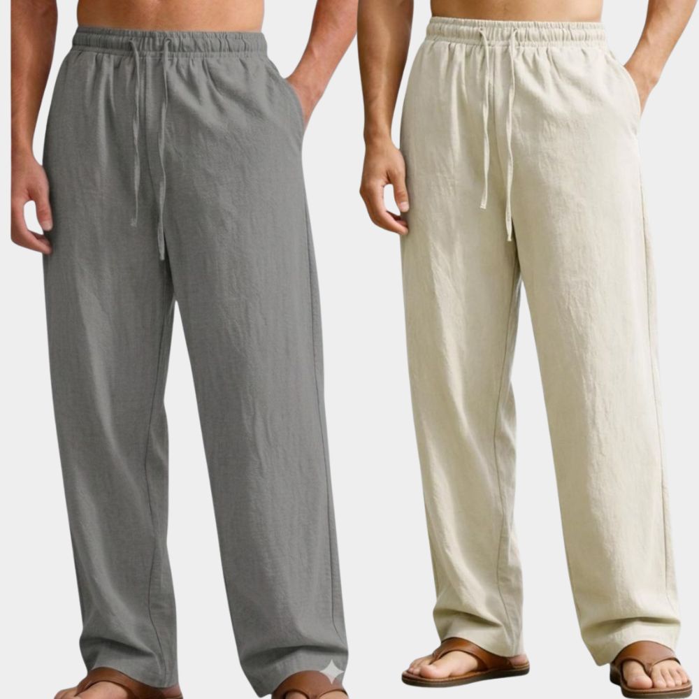 Combo of 2 Premium Linen Relaxed Fit Loose Fit Men Pant Gray and Off White-51599