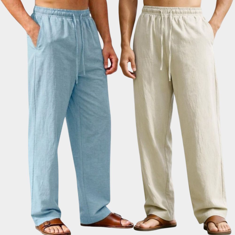 Combo of 2 Premium Linen Relaxed Fit Loose Fit Men Pant Light Blue and Off White-51603