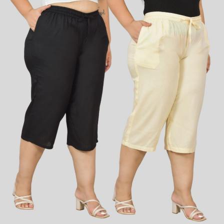 Combo of 2 Rayon Plus Size Ethnic Wear Culotte Women Pants Cream and Black-48482