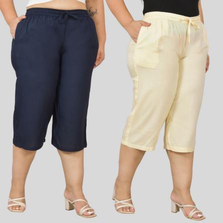 Combo of 2 Rayon Plus Size Ethnic Wear Culotte Women Pants Cream and Navy Blue-48481