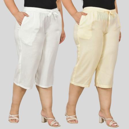 Combo of 2 Rayon Plus Size Ethnic Wear Culotte Women Pants Cream and White-48479