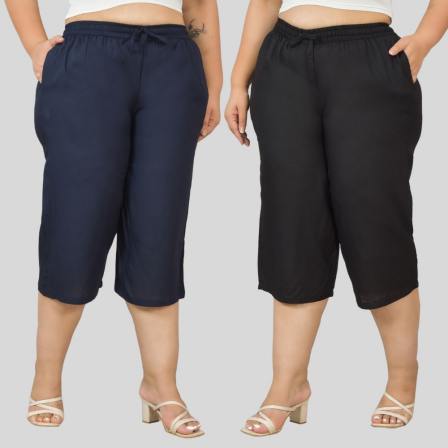 Combo of 2 Rayon Plus Size Ethnic Wear Culotte Women Pants Navy Blue and Black-48488