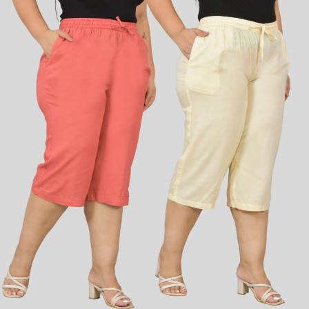 Combo of 2 Rayon Plus Size Ethnic Wear Culotte Women Pants Peach and Cream-48474