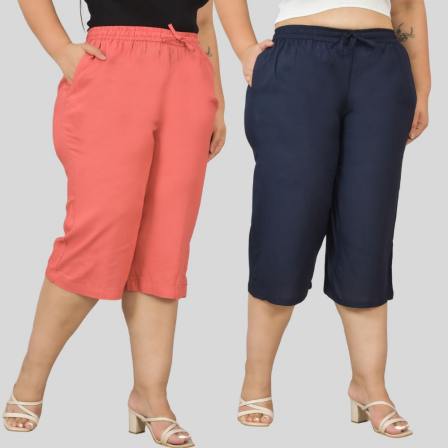 Combo of 2 Rayon Plus Size Ethnic Wear Culotte Women Pants Peach and Navy Blue-48477