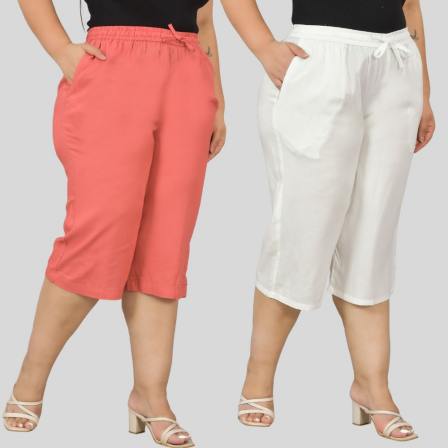 Combo of 2 Rayon Plus Size Ethnic Wear Culotte Women Pants Peach and White-48475