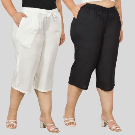 Combo of 2 Rayon Plus Size Ethnic Wear Culotte Women Pants White and Black-48485