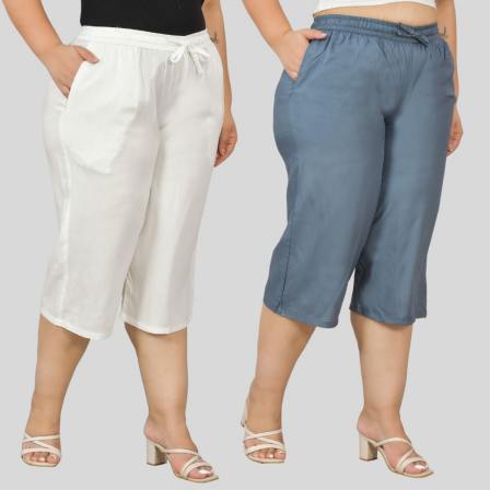 Combo of 2 Rayon Plus Size Ethnic Wear Culotte Women Pants White and Gray-48483