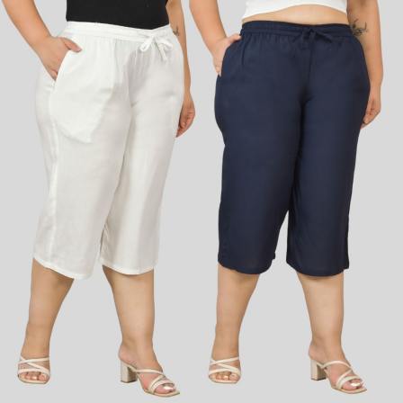 Combo of 2 Rayon Plus Size Ethnic Wear Culotte Women Pants White and Navy Blue-48484