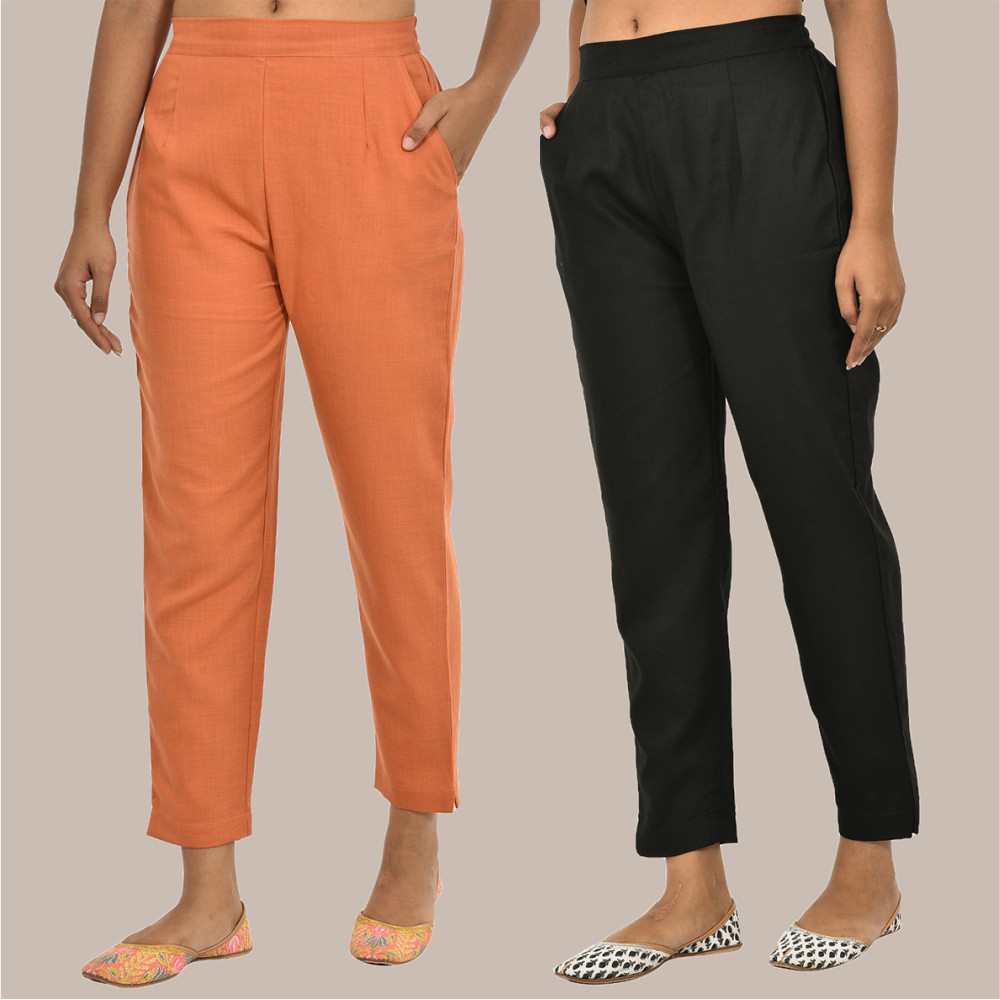 Combo of 2 Solid Women Pants Cotton Slub Black and Peach-36169