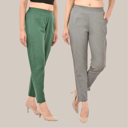 Combo of 2 Solid Women Pants Cotton Slub Bottle Green and Gray-36754