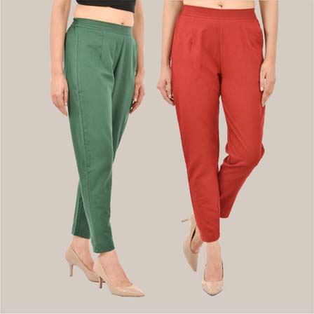 Combo of 2 Solid Women Pants Cotton Slub Bottle Green and Maroon-36756