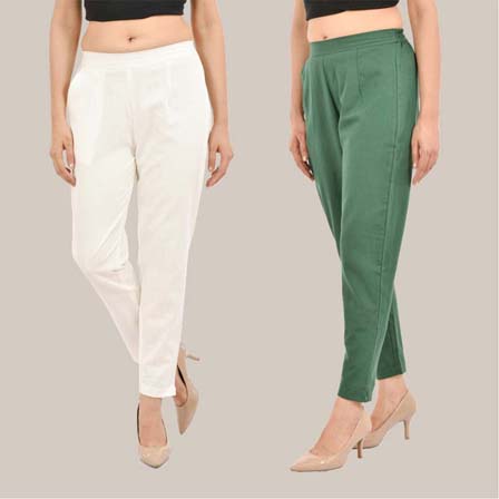 Combo of 2 Solid Women Pants Cotton Slub Bottle Green and White-36755