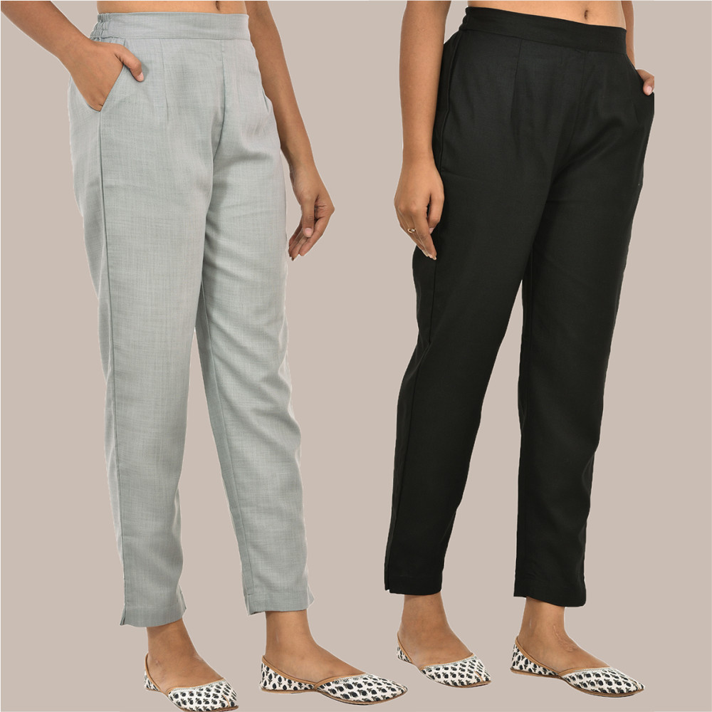 Combo of 2 Solid Women Pants Cotton Slub Gray and Black-36163