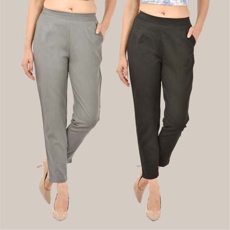 Combo of 2 Solid Women Pants Cotton Slub Gray and Black-36760