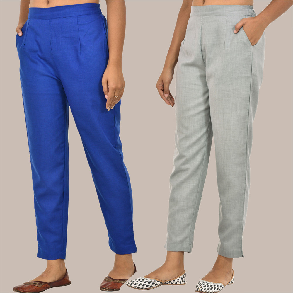 Combo of 2 Solid Women Pants Cotton Slub Gray and Blue-36164