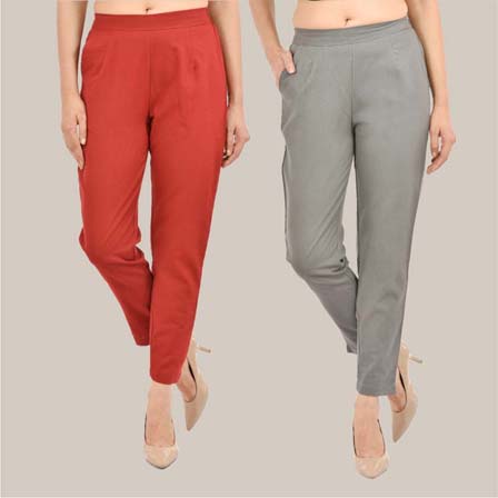 Combo of 2 Solid Women Pants Cotton Slub Gray and Maroon-36759