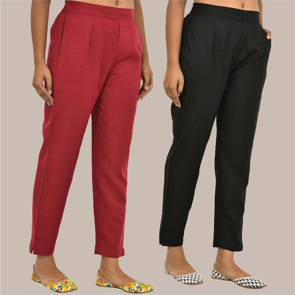 Combo of 2 Solid Women Pants Cotton Slub Maroon and Black-36133