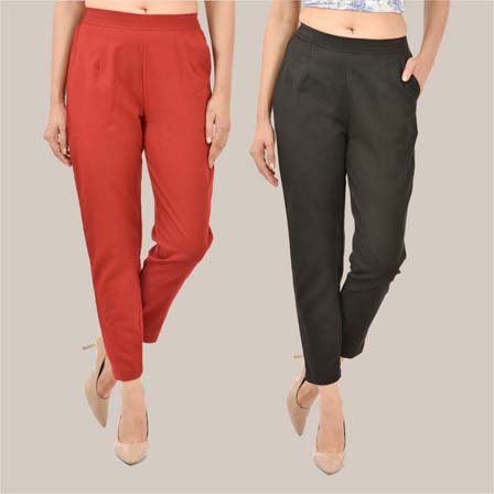 Combo of 2 Solid Women Pants Cotton Slub Maroon and Black-36763