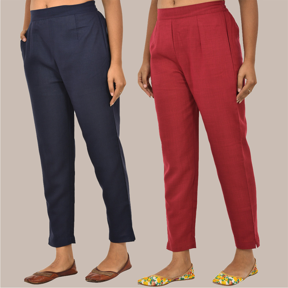 Combo of 2 Solid Women Pants Cotton Slub Maroon and Navy-Blue-36131