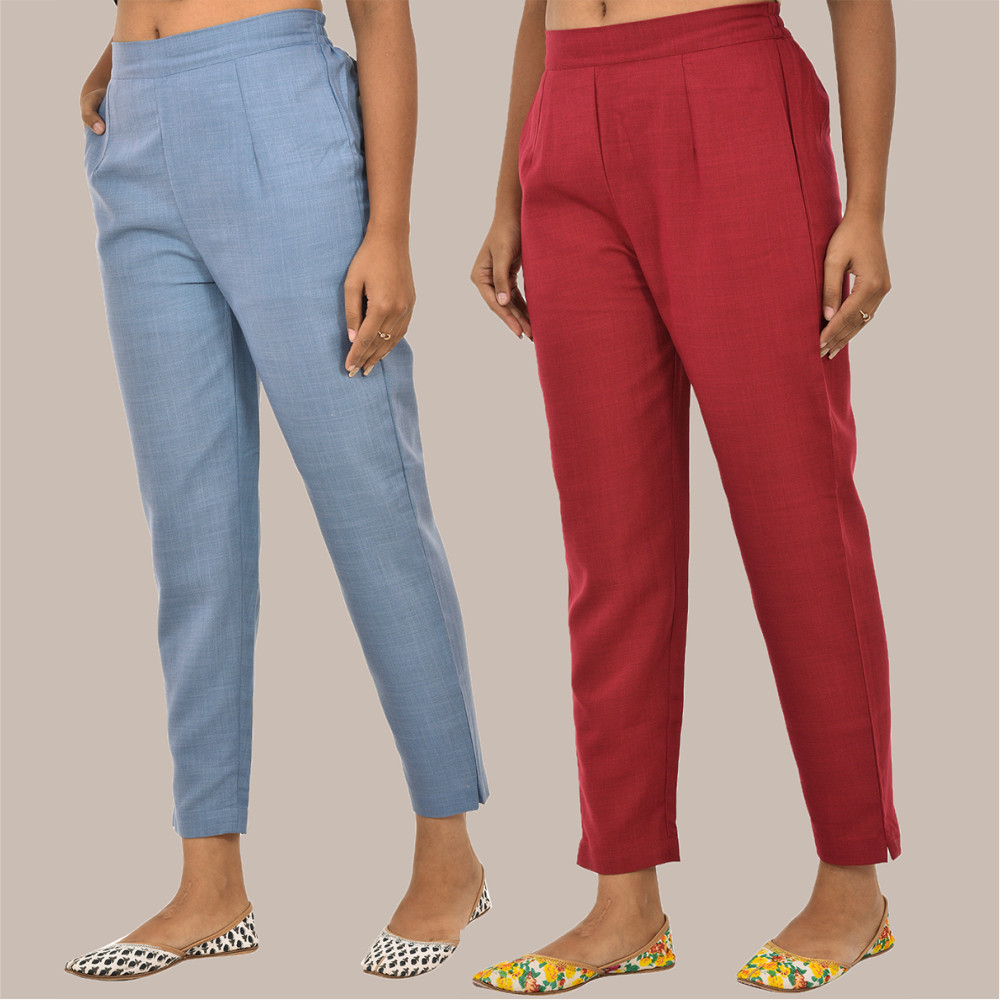Combo of 2 Solid Women Pants Cotton Slub Maroon and Sky-Blue-36129