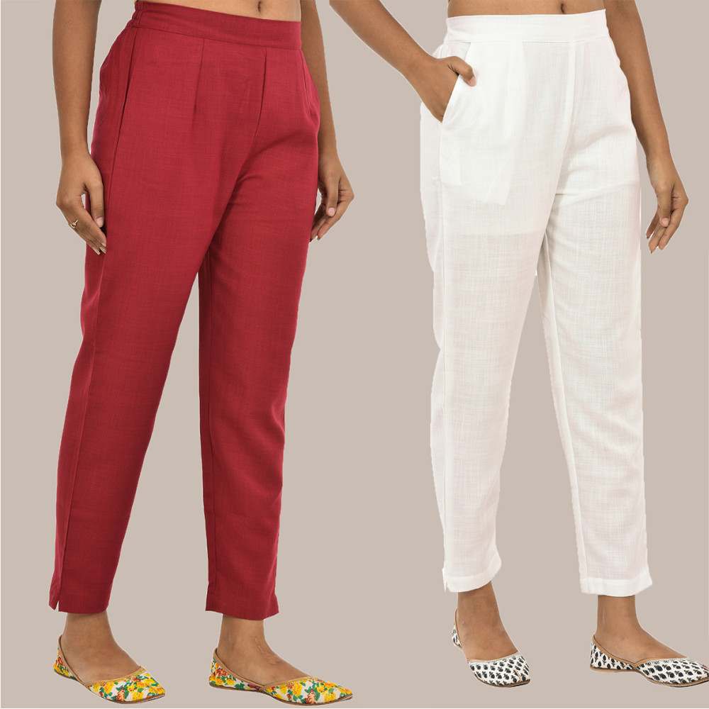 Combo of 2 Solid Women Pants Cotton Slub Maroon and White-36128