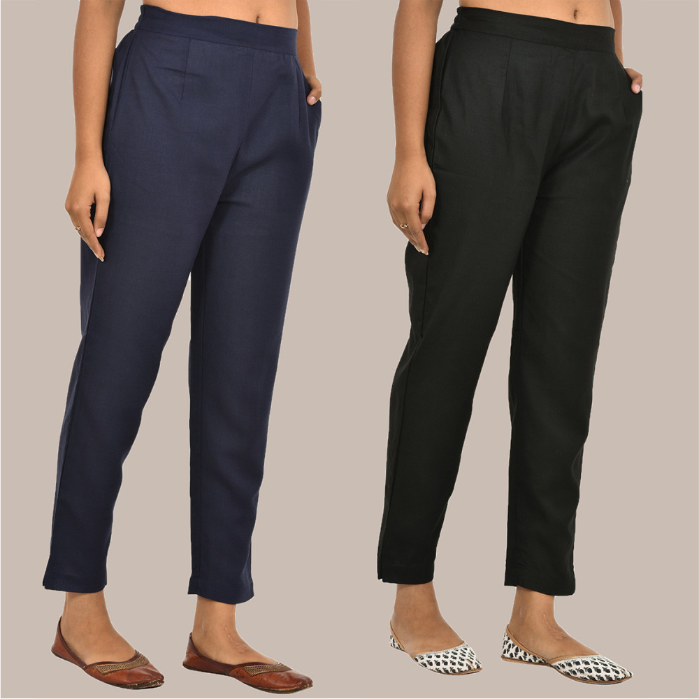 Combo of 2 Solid Women Pants Cotton Slub Navy-Blue and Black-36159