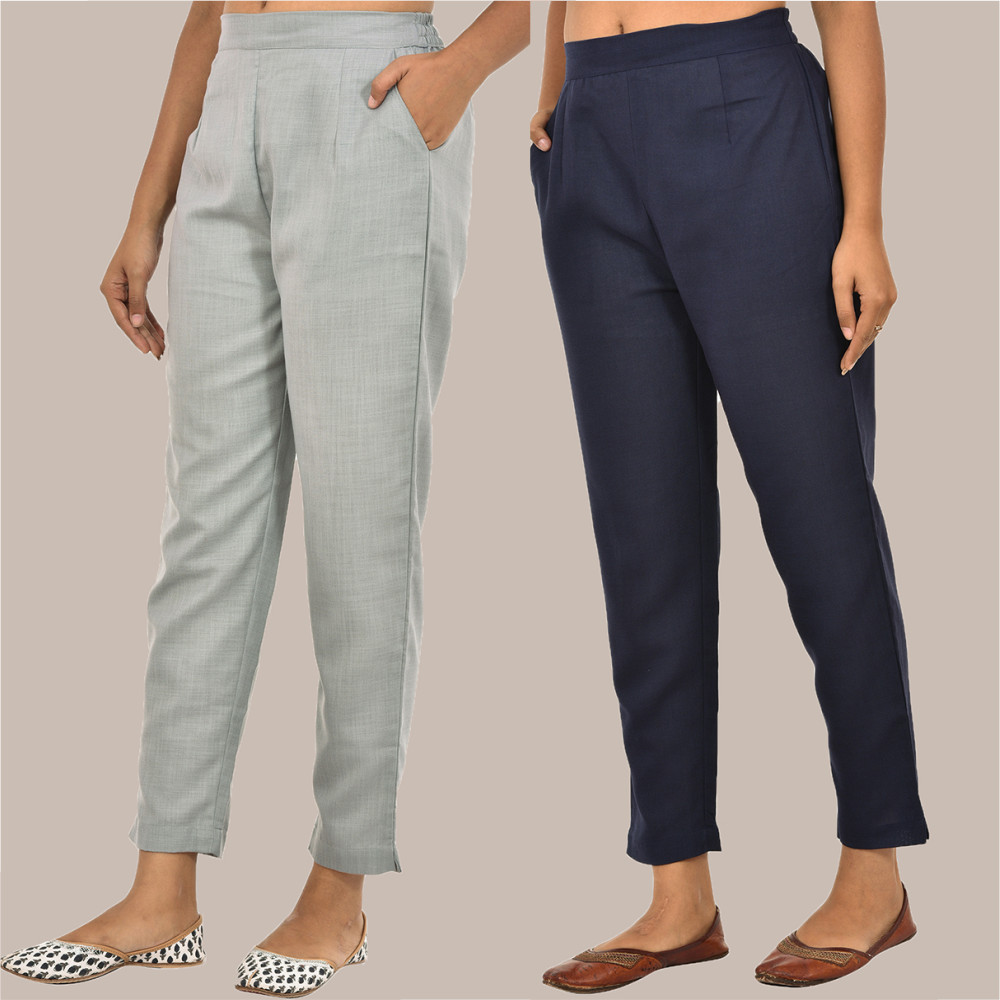 Combo of 2 Solid Women Pants Cotton Slub Navy-Blue and Gray-36158