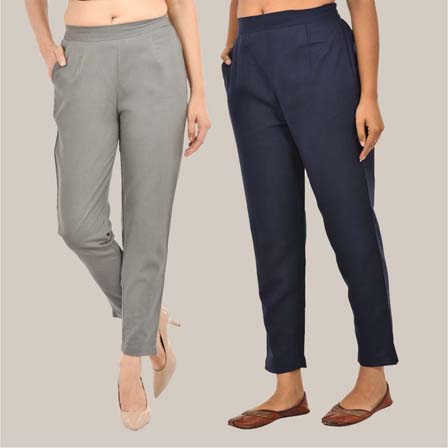 Combo of 2 Solid Women Pants Cotton Slub Navy Blue and Gray-36750