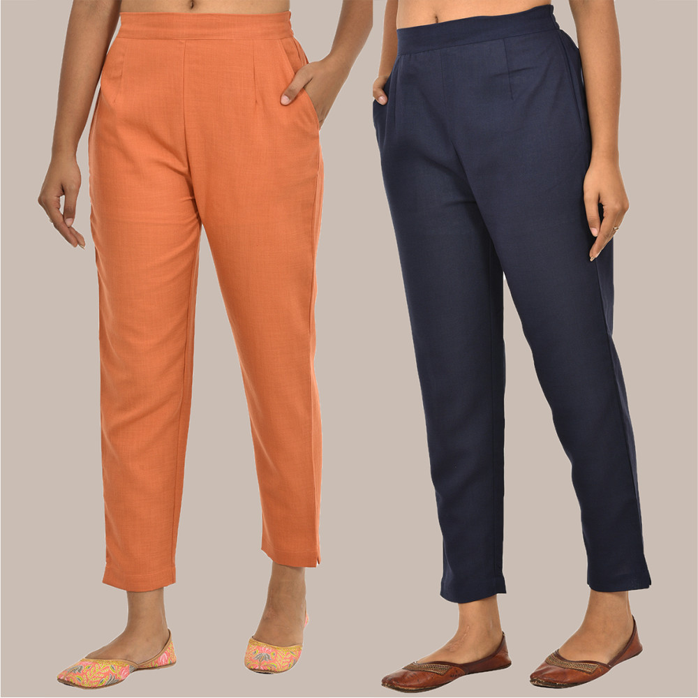 Combo of 2 Solid Women Pants Cotton Slub Navy-Blue and Peach-36162