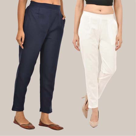 Combo of 2 Solid Women Pants Cotton Slub Navy Blue and White-36751