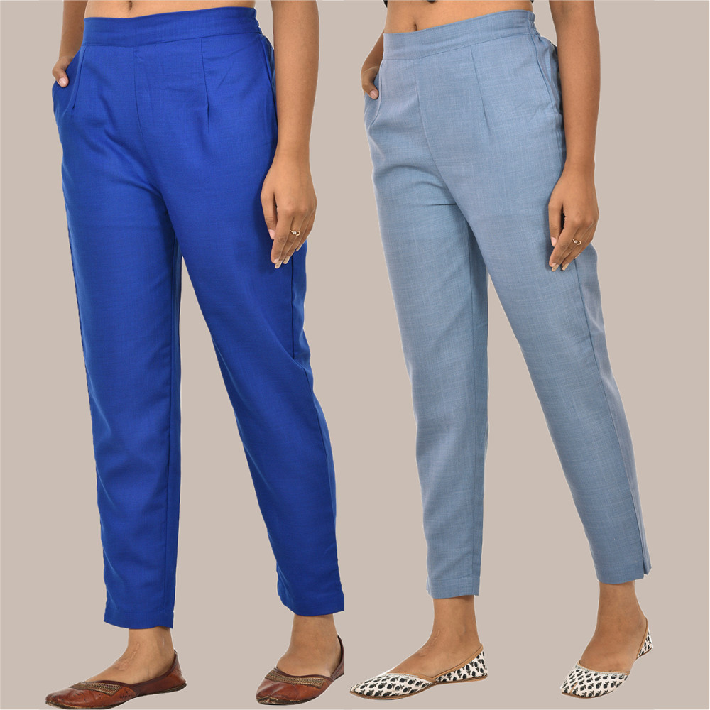 Combo of 2 Solid Women Pants Cotton Slub Sky-Blue and Blue-36149