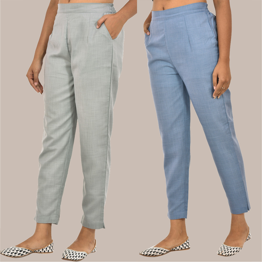 Combo of 2 Solid Women Pants Cotton Slub Sky-Blue and Gray-36147