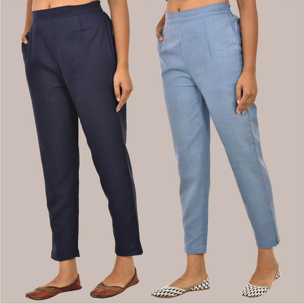 Combo of 2 Solid Women Pants Cotton Slub Sky-Blue and Navy-Blue-36146