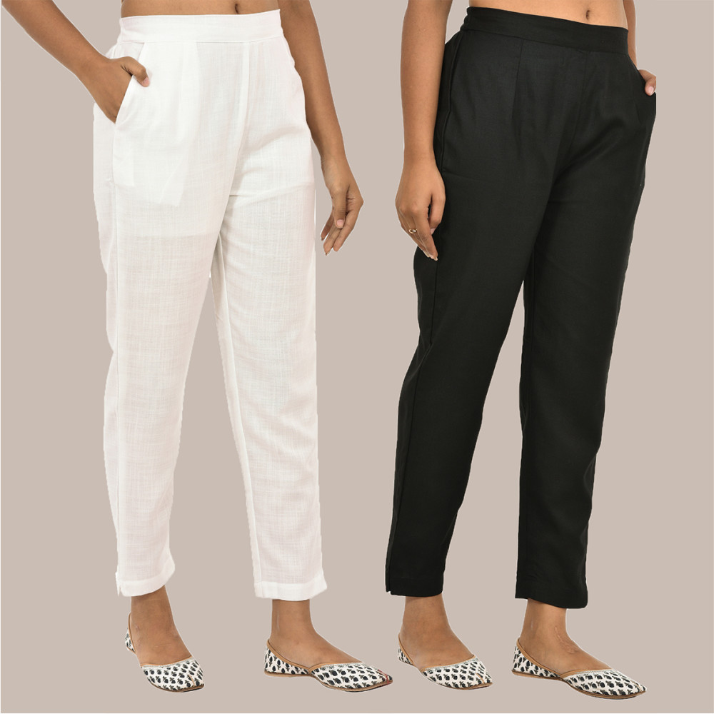 Combo of 2 Solid Women Pants Cotton Slub White and Black-36141