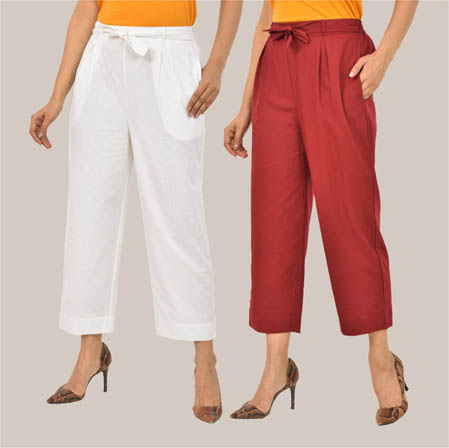 Combo of 2 White and Maroon Cotton Culottes-38504