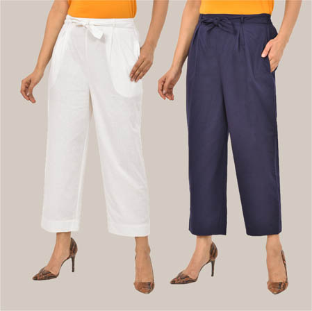 Combo of 2 White and Navy Blue Cotton Culottes-38502