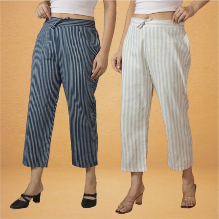 Combo of 2 Women Cream Navy Blue Cotton Regular Ankle Length Pant-10210