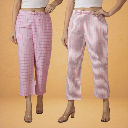 Combo of 2 Women Pink Pink Cotton Regular Ankle Length Pant-10218