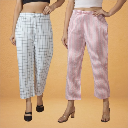 Combo of 2 Women Pink White Cotton Regular Ankle Length Pant-10230