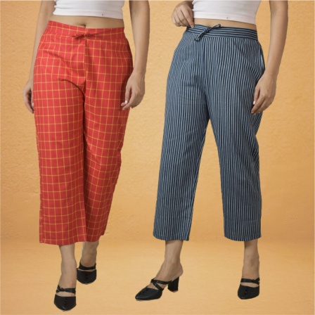 Combo of 2 Women Red Navy Blue Cotton Regular Ankle Length Pant-10209
