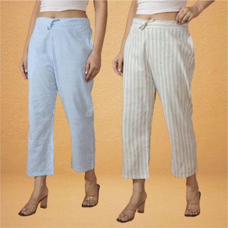 Combo of 2 Women Sky Blue Cream Cotton Regular Ankle Length Pant-10228