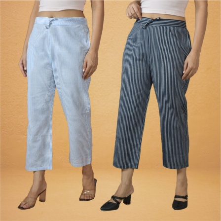Combo of 2 Women Sky Blue Navy Blue Cotton Regular Ankle Length Pant-10213