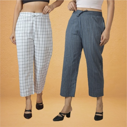 Combo of 2 Women White Navy Blue Cotton Regular Ankle Length Pant-10211