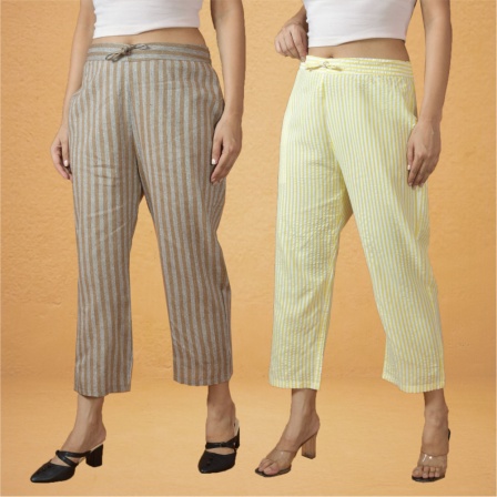 Combo of 2 Women Yellow Beige Cotton Regular Ankle Length Pant-10207