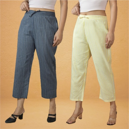Combo of 2 Women Yellow Navy Blue Cotton Regular Ankle Length Pant-10214