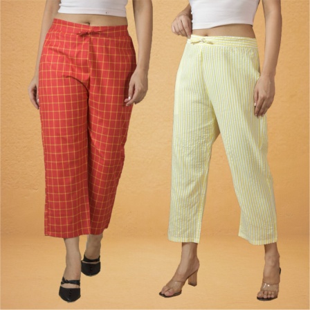 Combo of 2 Women Yellow Red Cotton Regular Ankle Length Pant-10225