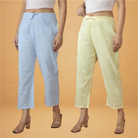 Combo of 2 Women Yellow Sky Blue Cotton Regular Ankle Length Pant-10235