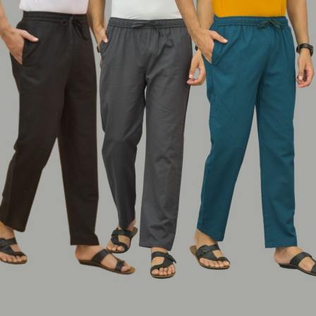 Combo of 3 Black Dark Gray and Blue Cotton Men Pants-45730