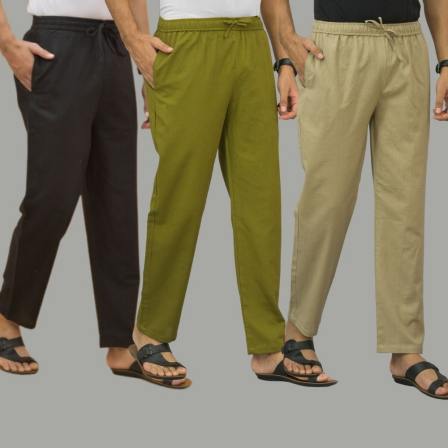 Combo of 3 Black Mos Green and Beige Cotton Men Pants-45689